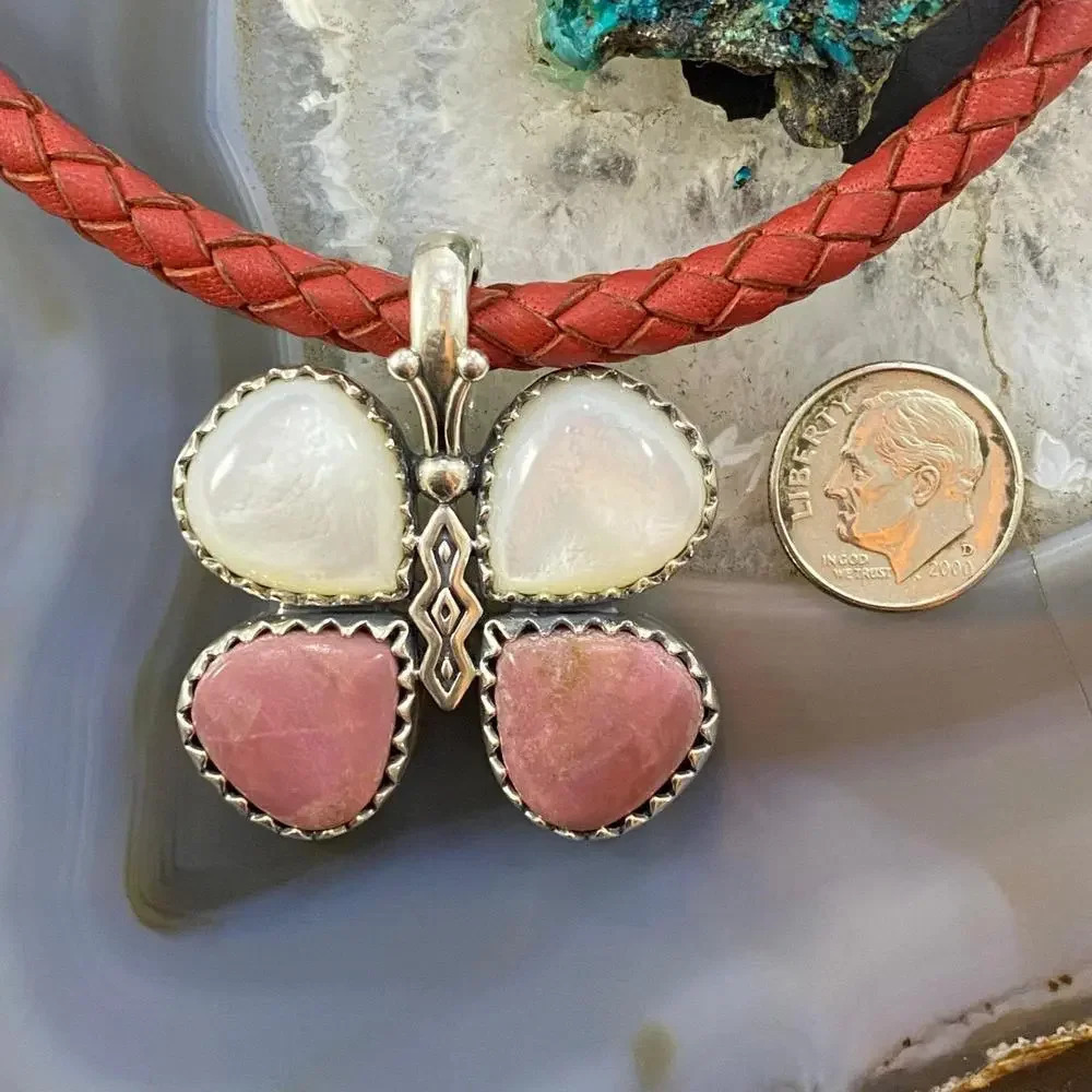 Carolyn Pollack Southwestern Style Sterling Mother of Pearl & Rhodonite Pendant - Picture 8 of 10